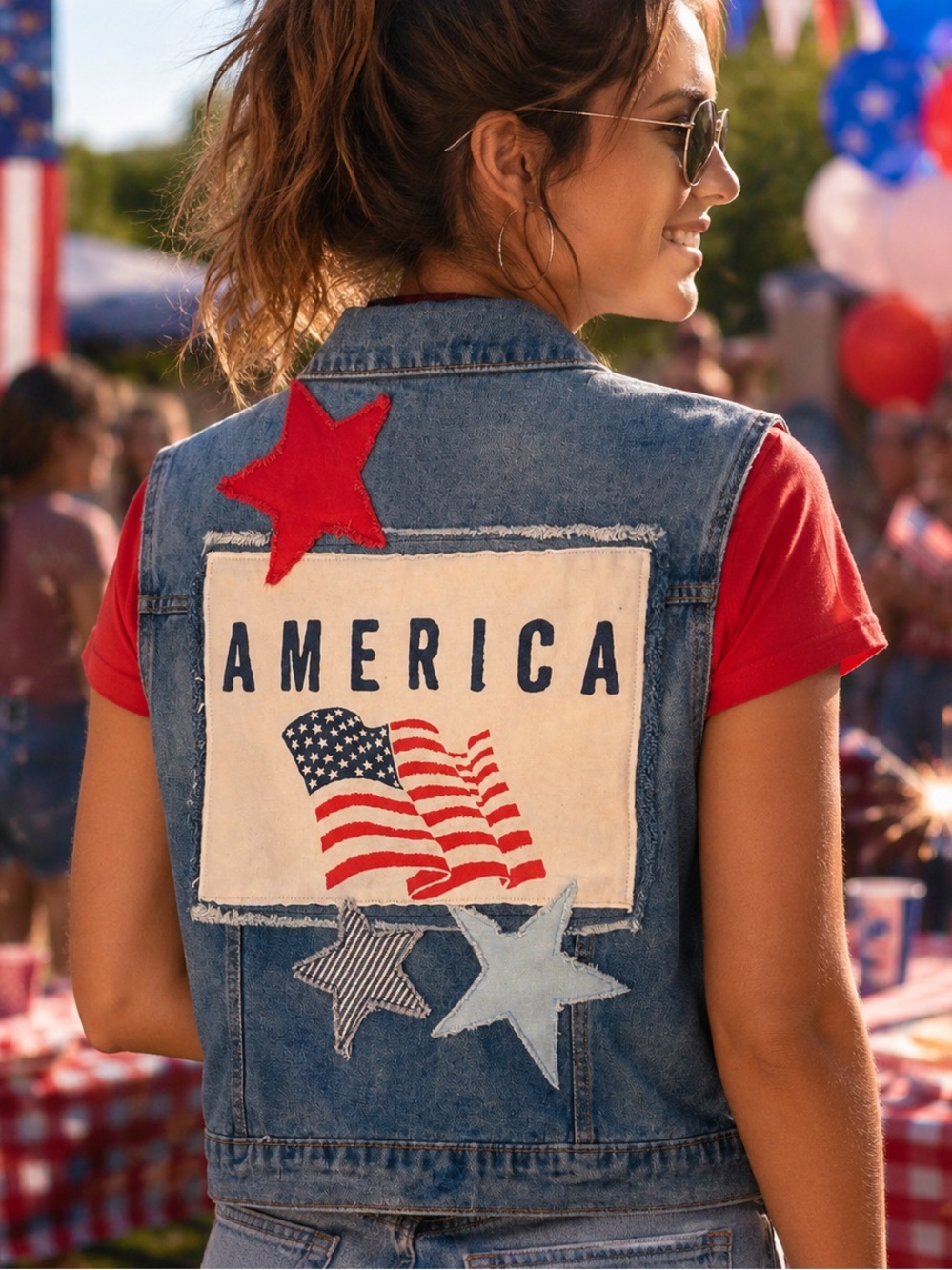 America USA Upcycled Denim Jean Vest. XXL.